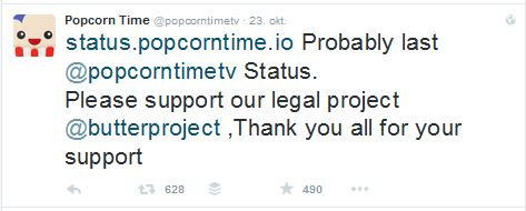 Popcorn Time har lagt ut en melding på Twitter, der de takker for støtten, og skriver at dette sannsynligvis er deres siste tweet.